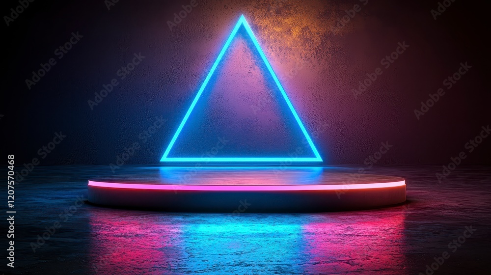 Poster glowing neon triangle on a circular platform in a dark room.