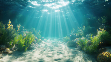 Obraz premium Tranquil underwater landscape with a lively reef and sun rays illuminating the seabed.