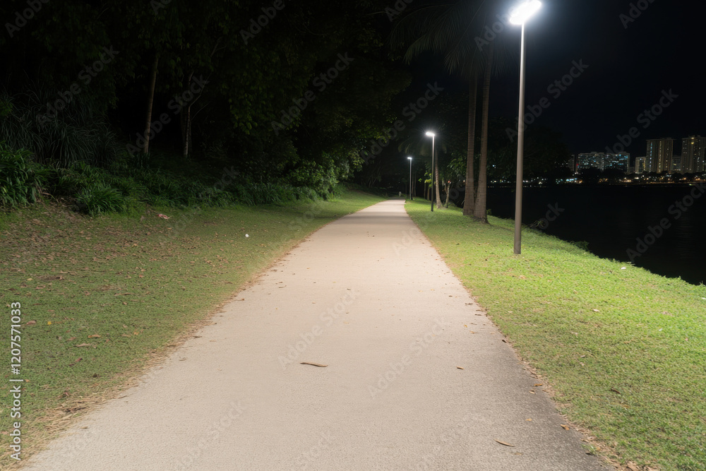 Poster a path is lit up at night with a few trees in the background
