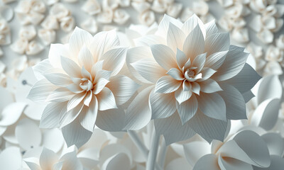 Fototapeta premium Delicate white flowers with intricate petals create serene floral background, evoking sense of calm and beauty. Perfect for nature lovers and floral enthusiasts