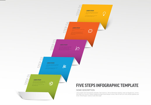 Infographic template layout with five sequential steps with icons and text on light background