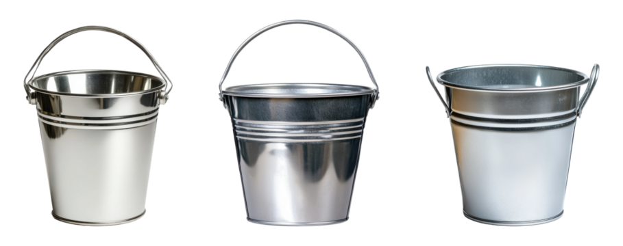 Set of shiny metal buckets with handles, isolated on transparent background