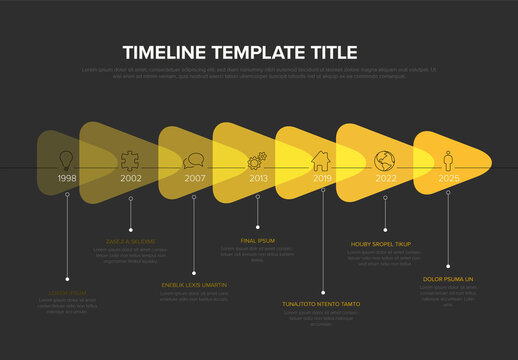 Infographic Dark Timeline Template with Icons and yellow transparent triangle arrows