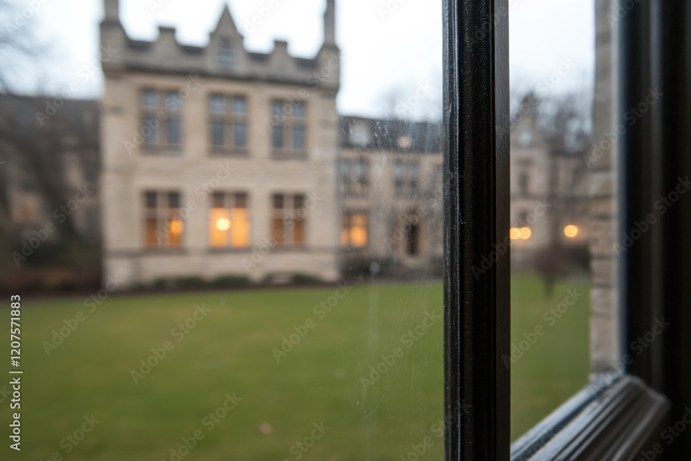 Poster a window view of a large building with a courtyard in front of it