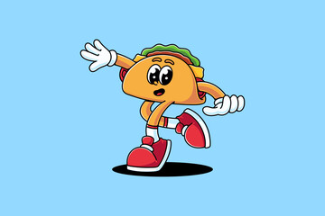 taco mexican food retro cartoon character mascot illustration with dancing pose and showing hands like floating for restaurant, food court, cafe mascots and merchandise