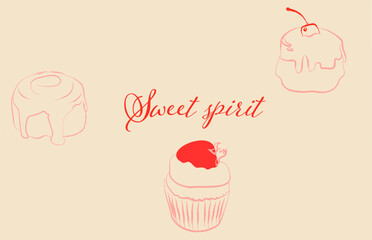 Set of hand drawn coquette elements for Valentines day, wedding invitation, birthday card. Cupcake, cinnabon, muffin with stawberry. Vintage elegant vector illustration.