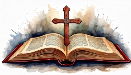 Religious reflection open bible with cross spiritual symbolism artistic environment close-up view