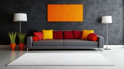 a minimalist living room with a grey sofa, a white rug, and a single vibrant orange cushion as the focal point. 