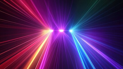 Fototapeta premium Colorful laser beams radiating from a central point against a dark background. Vivid, vibrant, energetic, and dynamic light show.