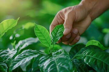 Hand picking matcha at sunrise. Hand inspecting green coffee plant leaves in natural light.