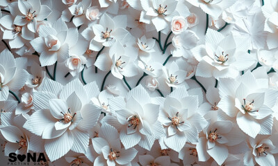 beautiful arrangement of white paper flowers creating soft, elegant background. delicate petals and intricate details evoke sense of tranquility and artistry