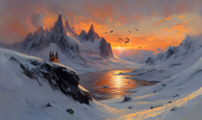 Obraz premium Sunset over snowy mountains, castle, lake