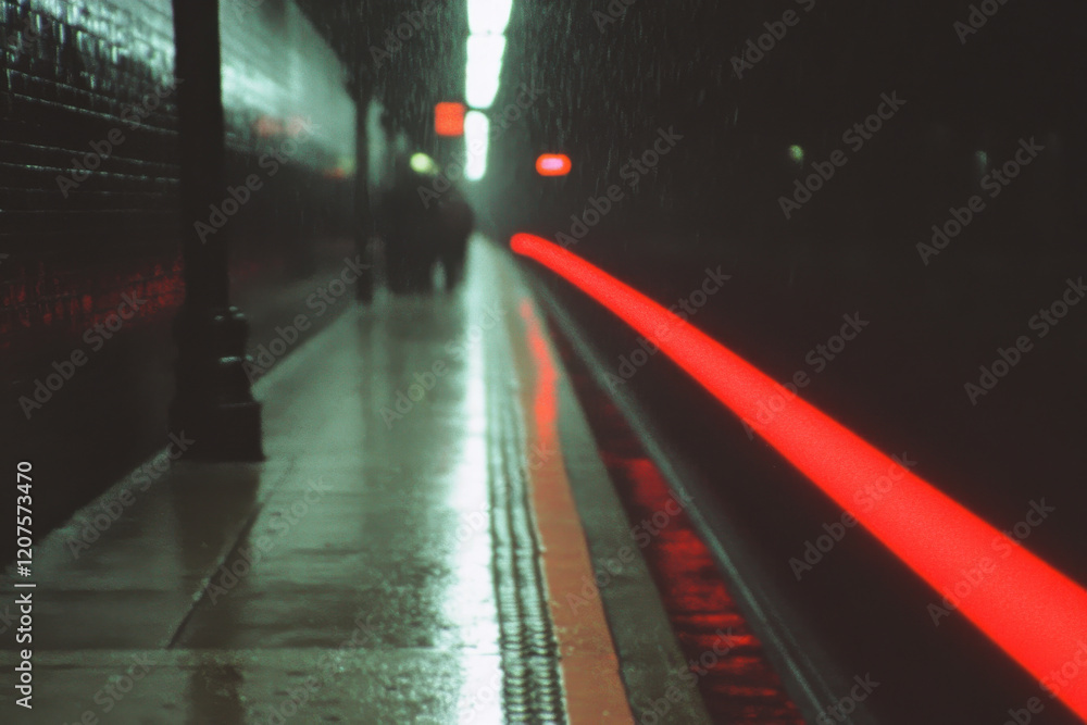 Poster a train is seen in the distance with a red line trailing it