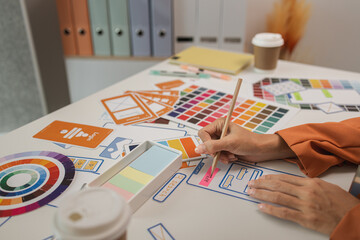 UI UX designers team working on new website wireframe in office, ux developer and ui designer use...