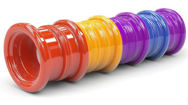 Colorful Cylindrical Objects in a Vibrant Row, 3D Rendered Against a White Background
