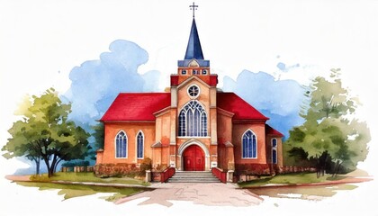 Obraz premium Beautiful brick church small town watercolor art peaceful setting front view serenity