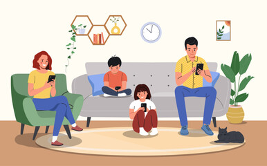 Mother and father with children sitting on the sofa with smartphones. Vector flat illustration