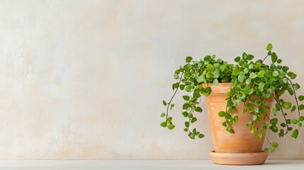 Houseplants drapping. Potted plant with trailing green vines against a textured beige wall.