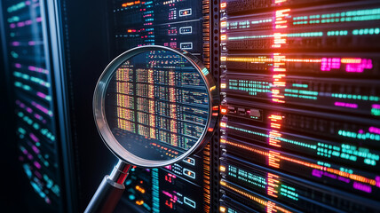 cybersecurity breach monitoring concept Magnifying glass highlighting suspicious code strings, zooming in on malicious activity
