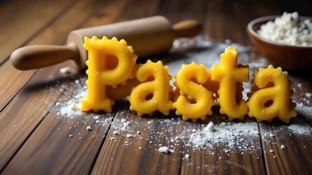 The word 'Pasta' crafted from pasta shapes, such as farfalle and rotini