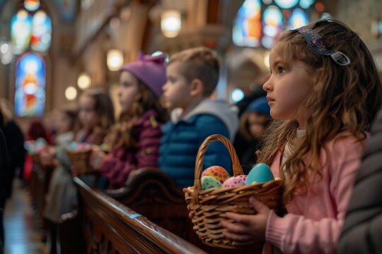 Children holding Easter egg baskets during a church service with stained glass windows