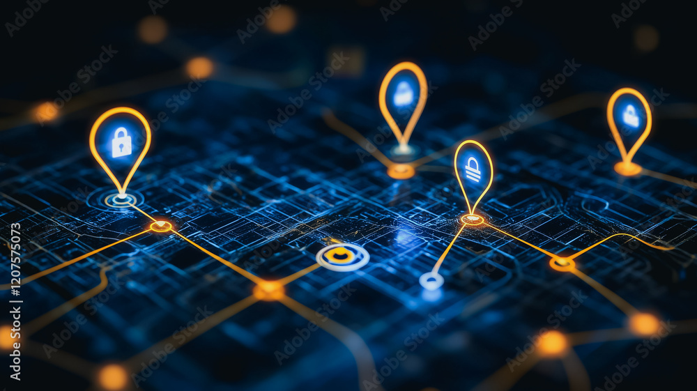Poster secure network: a futuristic, abstract digital representation of a secure network, with glowing lock