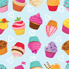 Cupcake seamless pattern. Cartoon cupcakes with creamy chocolate vanilla berries hats. Bakery cafe sweet dessert print design for textile, neoteric vector background
