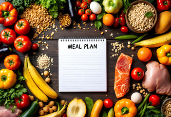 food plan notes aaround foods, with wooden background, with copy space 