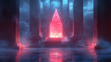 Glowing red triangle portal in ancient temple with blue lighting and fog.