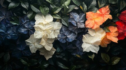 Vivid Floral Oil Painting  Dark Blooms  White  Blue  Orange Flowers