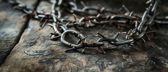 A photo of rusty chains on a wooden surface would be suitable for articles about antiquity, history or a metaphorical depiction of shackles and freedom.