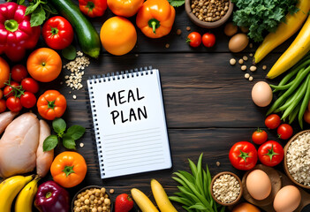 meal plan arround, food, meat, vegetables on a wooden board, copy space