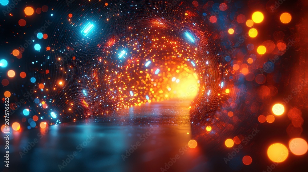 Poster glowing tunnel with vibrant light trails and bokeh.
