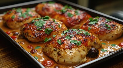 Deliciously cooked chicken breasts garnished with herbs in a savory sauce, served on a dark tray