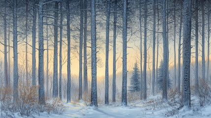 Fototapeta premium Serene Winter Forest Landscape with Snow-Covered Pine Trees and Golden Sunset Digital Artwork