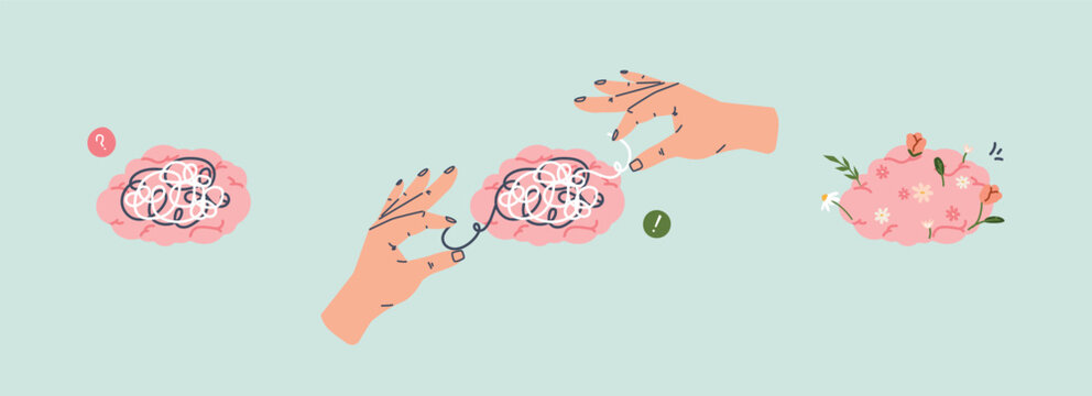 Brain transformation simply concept. Overloaded confusing solution, searching for answers to questions. Psychology or therapy support, calm mind, vector scene