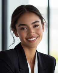 Fototapeta premium Professionelle Geschäftsfrau in schwarzem Blazer, warmes Lächeln, selbstbewusst, ordentliches Haar, Büroumfeld, heller Hintergrund, Unternehmensporträt