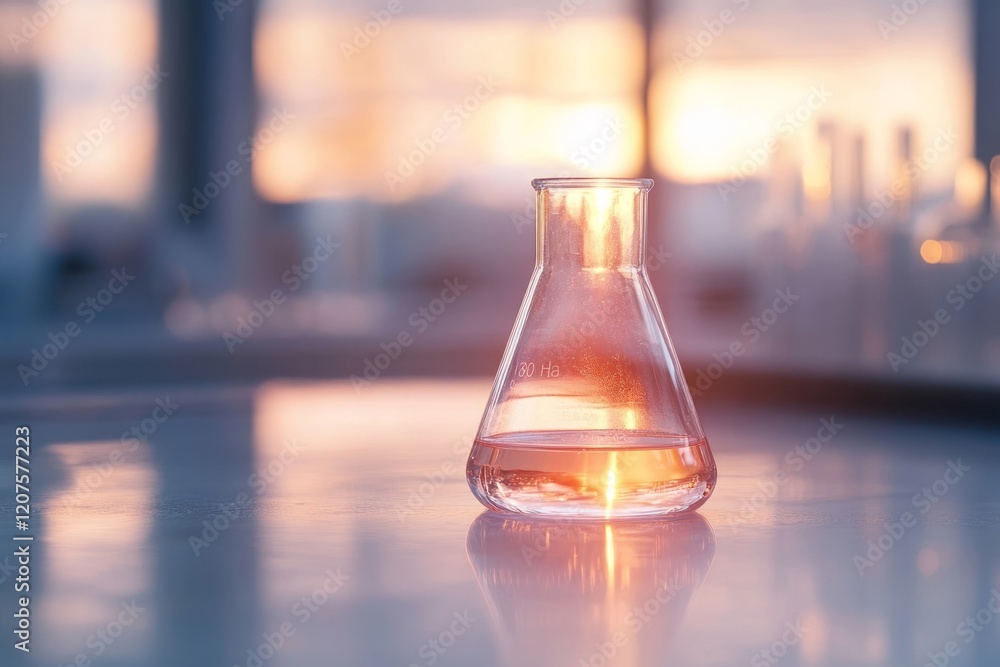 Poster laboratory flask with liquid illuminated by soft sunset light.