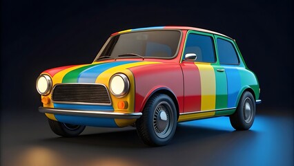 Classic mini car with a vibrant striped design, high-quality 3d-rendered vintage automobile with a glossy reflective surface, perfect for branding, commercial use, digital advertising, and design