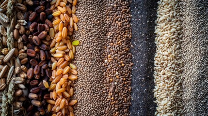 Obraz premium A variety of cereal crops in a close up view. Ideal for illustrating agricultural topics, cookery recipes and healthy eating.