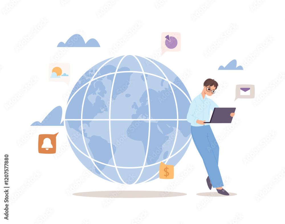 Aufkleber man works with laptop. geek male character working worldwide and communicate with different countrie
