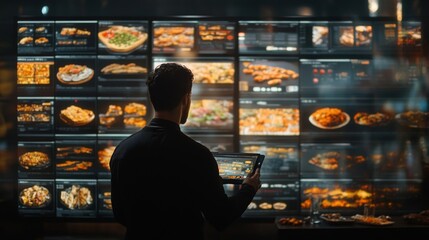 Person using digital menu board to order food at night