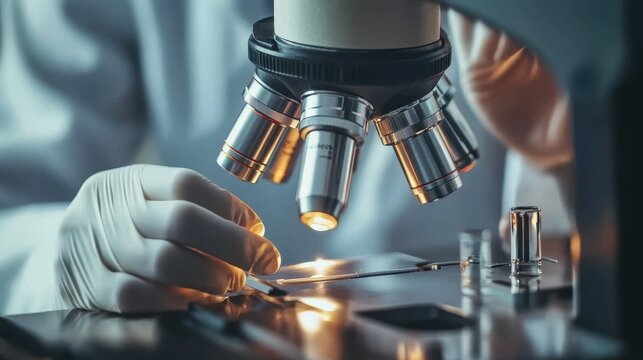 A focused individual peers intently through a microscope, revealing the hidden wonders of the microscopic world, brimming with life and detail.