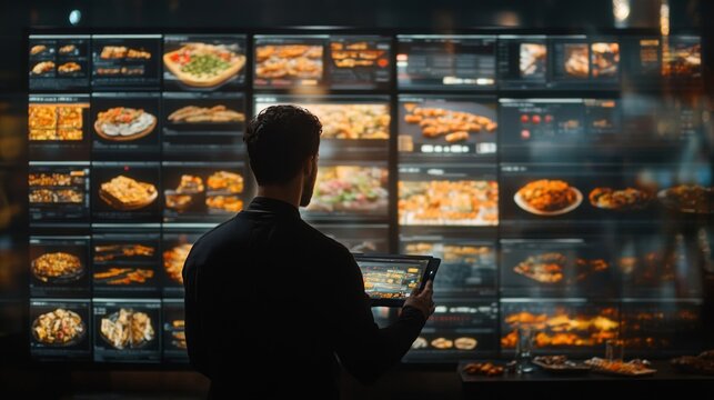 Person using digital menu board to order food at night