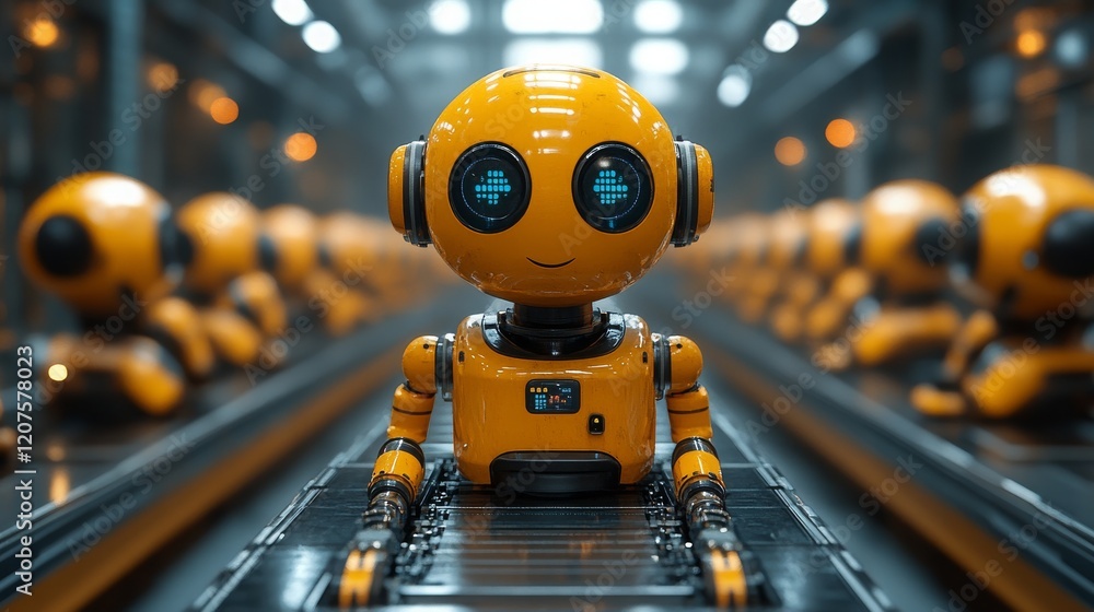 Poster talking-head ai avatars in a modern production line showcasing advanced robotics technology