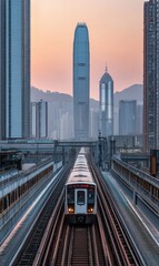 Fototapeta premium A majestic a stands gracefully on train tracks, framed by towering city buildings that touch the sky, blending nature with urban life.