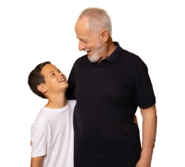 Grandfather and grandson smiling over transparent background. PNG transparent.