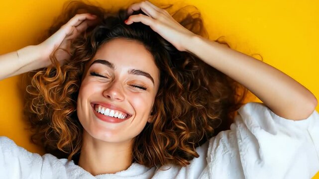 Joyful woman with curly hair smiling against a bright yellow background.