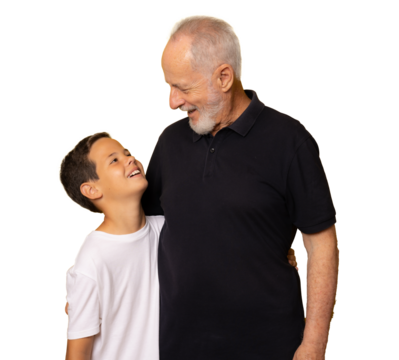 Grandfather and grandson smiling over transparent background. PNG transparent. - Powered by Adobe