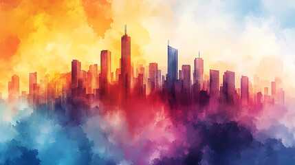 Fototapeta premium Colorful skyline artwork depicting a vibrant city at sunset with dramatic cloud formations